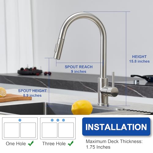 Tohlar Kitchen Sink Faucets with Pull-Down Sprayer, Modern Stainless Steel Single Handle Pull Down Sprayer Faucet with Deck Plate