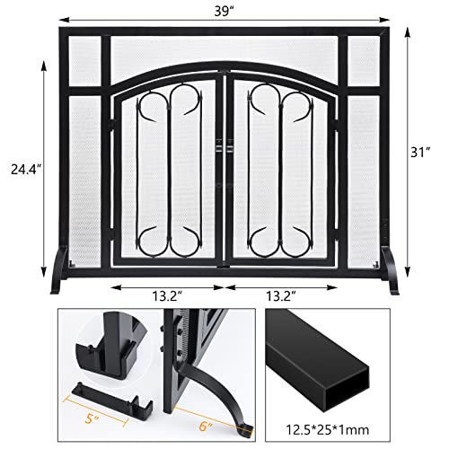 Feed Garden Fireplace Screen With Doors,Modern Large Flat Guard Fire Screens 31" H*39" W Wrought Metal Mesh,Heavy Duty Free Standing Fire Spark Grate For Home Decor Indoor, Black #TOP4