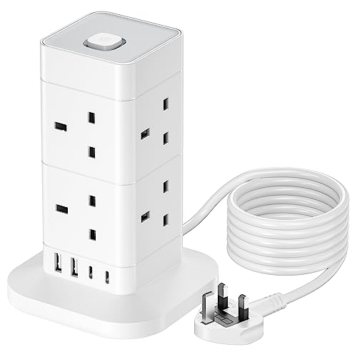 Hotimy 5M Tower Extension Lead with USB C, 8 Way (13A 3250W) & 4 USB Ports Multi Plug Extension Socket with Surge Protection, UK Power Strip 5 Meters Long Extension Cord for Home, Office, Kitchen