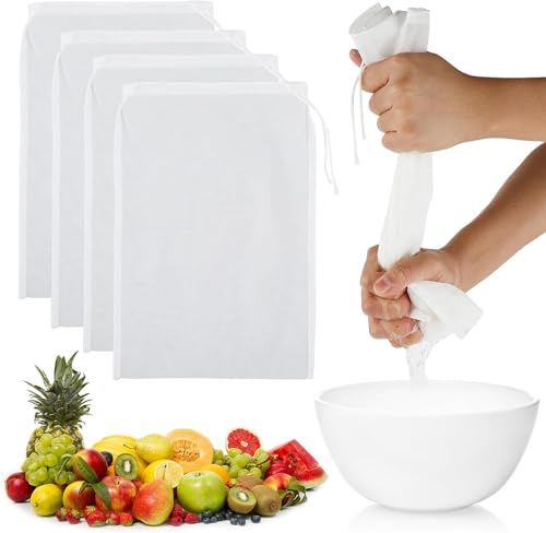 BIGTHREE 4pcs-200 Mesh Fine Mesh Strainer, Drawstring Nylon Filter Bag, Kitchen Food Strainer, Reusable Cheesecloth Drawstring for Straining Fruit Juice, Almond Milk, Greek Yoghurt, Tea, Coffee, etc