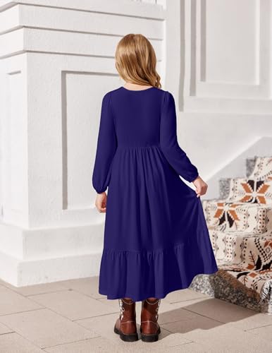 Image of Arshiner Girls Maxi Dresses Lantern Long Sleeve Casual Holiday Dress with Pockets for 5-14 Y