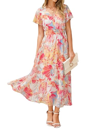Image of Simplee Womens Floral Maxi Dress - Short Sleeve Summer Boho Wedding Guest Dress Empire Waist Chiffon Modest Midi Dresses