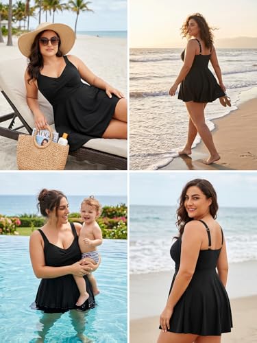 Image of Plus Size One Piece Swim Dress Flowy Swimsuits Tummy Control Bathing Suit | Quick Dry,Adjustable Shoulder Straps,Built-in Brief