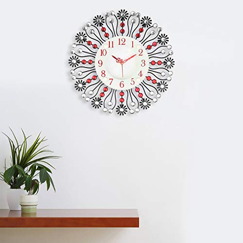 Image of CHRONIKLE Floral Design Stylish Round Diamond Studded Analog Metal Crystal Wall Clock for Living Room Home Decorations Office Gifts (Size: 37 x 5 x 37 CM | Color: Red & Black | Weight: 735 Gram)