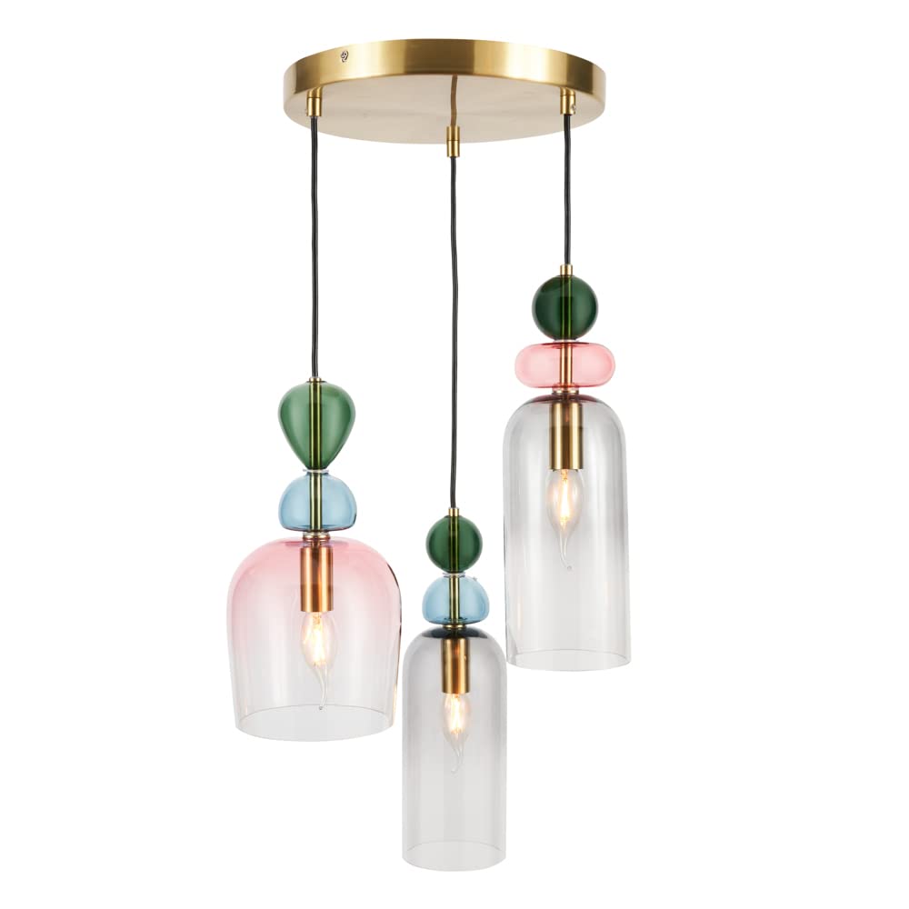 Litecraft Satin Brass Visconte Vietri Ceiling Pendant Multicolour Glass Shaded Cluster 3 Light