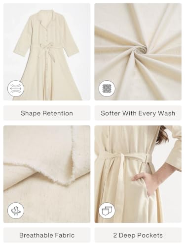 Image of SAADAA Women Cotton-Linen Blend Flared Dress | Midi Dress with 3 /4 Sleeves, Adjustable Waist Belt & Pockets | Below Knee Casual Dress for Office, Travel & Everyday Wear