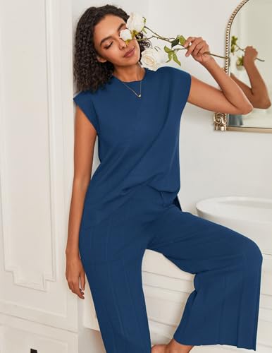 Image of Ekouaer Lounge Sets for Women Two Piece Outfits Knit Cap Sleeve Tops Wide Leg Pleated Pants Casual Dressy Sweater Sets