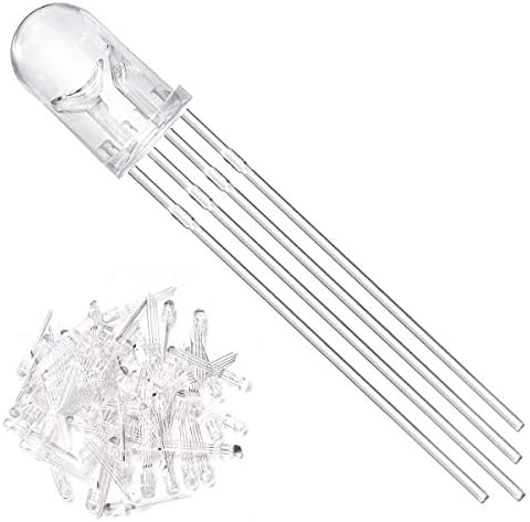 Youmile 100Pack 5mm LED Light Emitting Diode Common Cathode 4Pin RGB Tri-Color(Red/Green/Blue) Clear Transparent Round LED Lamps Buld For Arduino, PCB