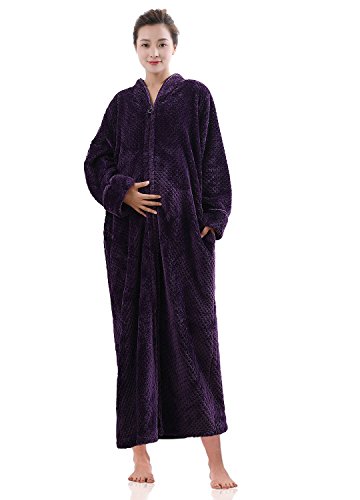 CaiDieNu Robe de chambre longue en polaire pour femme avec col châle, violet, S-M