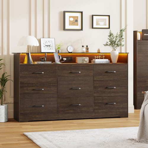 9 Drawer Dresser for Bedroom - 65” Wide Chest of Drawers with LED Light and Charging Station, Modern Large TV Stand Cabinet Organizer with Open Shelf for Living Room, Entryway, Hallway, Dark