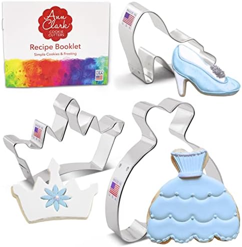 Ann Clark Cookie Cutters 3 Piece Princess Cookie Cutter Set with Recipe Booklet, Crown/Tiara, Glass Slipper & Dress
