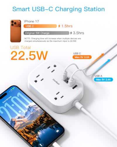 One Beat European Travel Plug Adapter with 3Ft Extension Cord, 7 in 1 US to Europe Power Strip, 3 Outlets 4 USB Ports(2 USB C), Type C Plug Travel Essentials for Europe Spain Italy France Germany — view 5