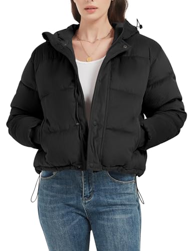 Flygo Puffer Jacket Womens Cropped Corduroy Hooded Winter Jackets Warm Quilted Long Sleeve Bubble Down Coats