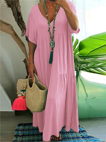 Large Size 2025 New Summer Women's Solid Color Dress Loose Pleated V-Neck Short-Sleeved A-line Long Skirt Female2