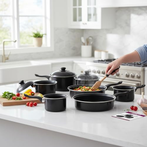 8-Piece Non-Stick Carbon Steel Saucepan Set | Durable Cookware Set with Glass Lids & Bakelite Handles | Induction Compatible Pots & Pans for Home Kitchen Cooking - Image 3