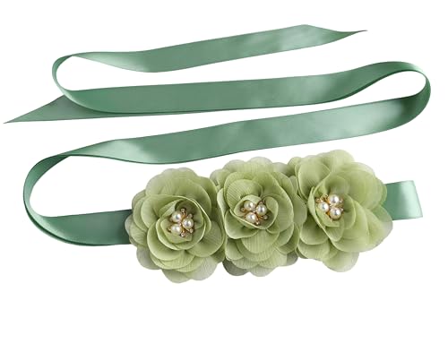 Flower Girl Sash Sage Green Flower Girl Sash Belt for Dress, Chiffon Pearl Floral Sash Belts for Bridesmaid/Bride Dresses