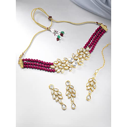 Image of Peora Gold Plated Bridal Crystal Pearl Choker Necklace with Drop Earrings Traditional Jewellery Set for Women