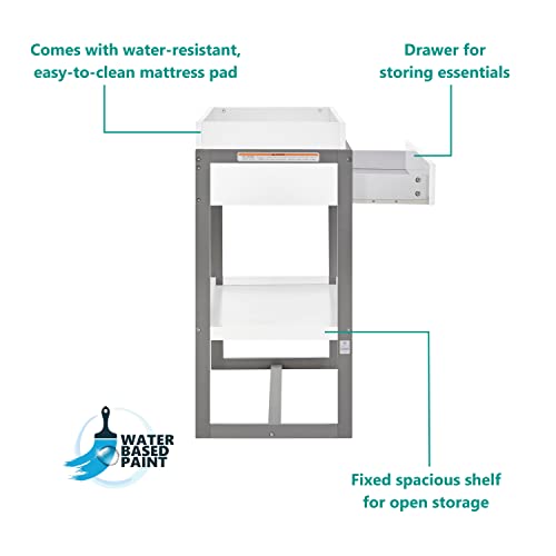 Image of Dream On Me Arlo Changing Table with Pad & Safety Strap - Steel Grey | Solid New Zealand Pinewood, Non-Toxic Finish, Spacious Fixed Storage Shelf for Diapers, Water-Resistant 1 inch Pad