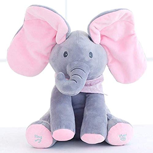 KINGEE-T Elefante de Peluche de Juguete Canciones de Canto Música Animada Orejas de Elefante Flappy Bebé de Peluche para Niños Muñeca de Regalo,Gray+Pink