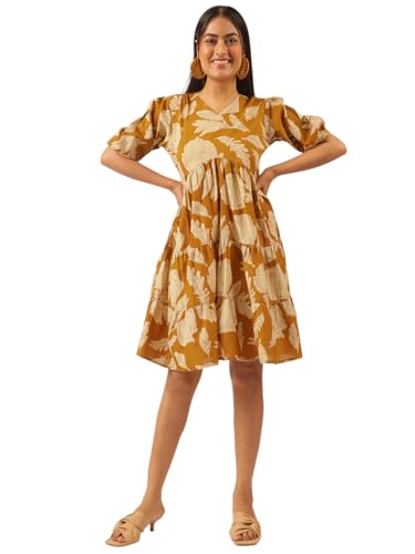 Image of Vbuyz Women's Floral Print Flared Cotton Beige Stitched Dress