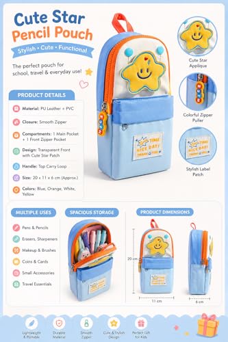 Image of Kawaii Cute Aesthetic Pencil Case for Students | Large Capacity Multi-Pocket Pencil Pouch with Zipper | Cartoon Stationery Organizer Bag for School, College & Office Supplies (Good Time - Blue)
