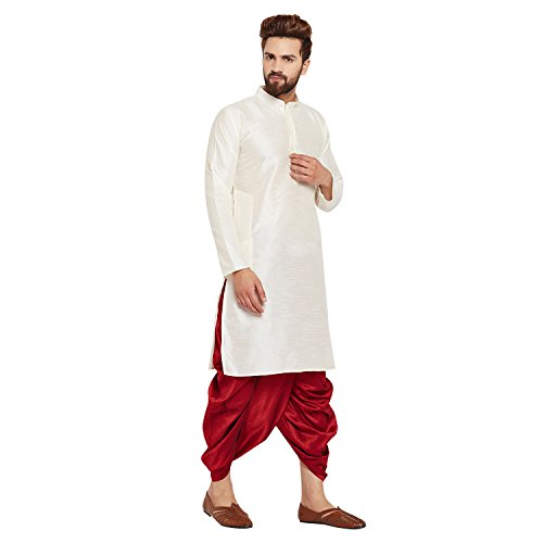 Image of SOJANYA (Since 1958 Men's Off-White and Gold Dupion Silk Dhoti Kurta Set