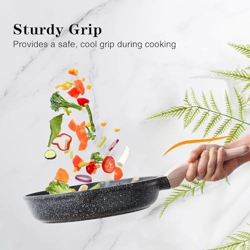 Image of Non-Stick Frying Pan with Wooden Finish Soft Touch Handle, 2.5mm Thickness, Consumes Less Oil, Even Heat Distribution, Induction Bottom and Gas Ready (Black, 20cm)