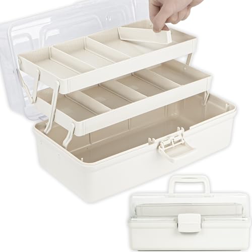 12.5in 3-Layer Multipurpose Craft Organizers and Storage with Adjustable Dividers, Portable Tackle Box, Folding Art & Craft Case for Medicine, Tool, Sewing Organizer (White)