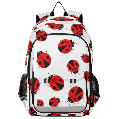 DOMIKING Ladybirds Beetle White Kids Backpack for Boys Girls School Backpack for Middle School Preschool Elementary Laptop Backpacks Bookbag for Travel Work Women Men