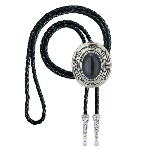 Image of Vintage Western Cowboy Rodeo Black Agate Bolo Tie for Men Women | Premium braided leather, adjustable sliding clasp, anti-tarnish alloy pendant, versatile western bolo tie