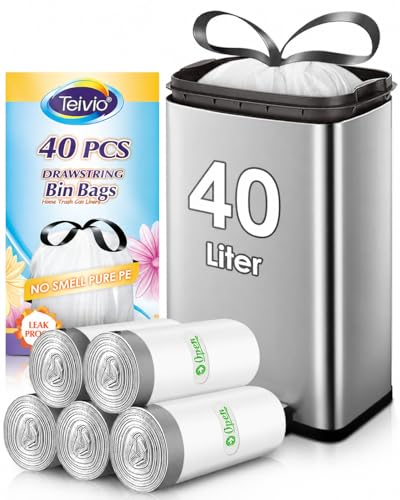 Teivio 40 Liter Bin Liners with Tie Tap 40 Counts Strong Swing Bin Bags with Drawstring Handle 10-13 Gallon Waste Bin Bags for Home Office Kitchen Bathroom Bedroom White Rubbish Bags