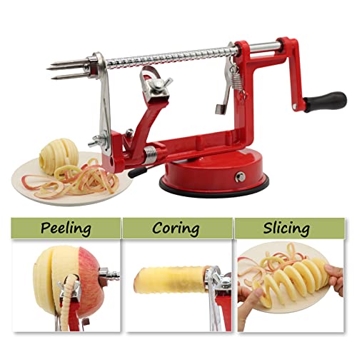 Apple Peeler, Slicer Corer Potato Peelers 3 In 1, Stainless Steel Heavy Duty Suction Cup Base And 5 Extra Blades Included As Well As Cleaning Tool (Red) #TOP4