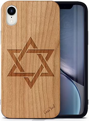 CaseYard Wood Phone case for iPhone XR Laser Engraved David Star Design Cherry Wood Compatible iPhone case Protective Shockproof Slim fit Cell Phone Cover for Men & Women