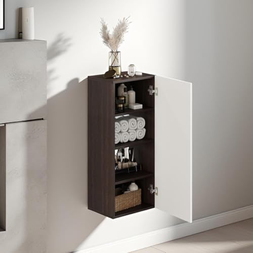 Image of Marbin Modern Tall Storage Cabinet with Door & Shelves | Space Saving Bathroom Organizer, Bedroom Side Cabinet & Multipurpose Cupboard | Engineered Wood, 35x26x83cm Wenge & White Finish