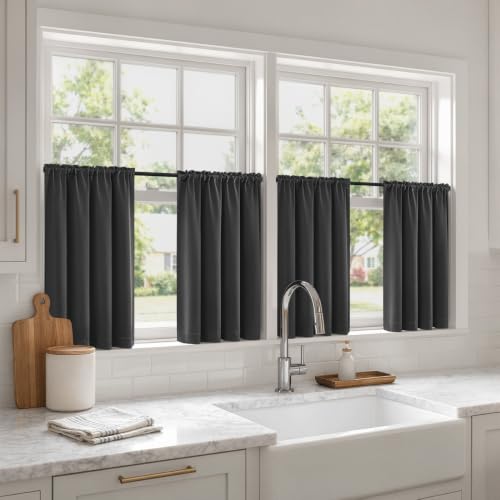 Image of MIULEE Set of 4 Grey 45 Inch Short Blackout Kitchen Window Curtains | Bedroom Drapes, Light Blocking Privacy Curtains for Small Windows, Bathroom, RV /Motorhome, Laundry, Top&Bottom Rod Pocket
