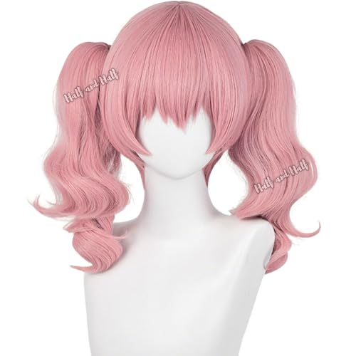 Image of Half and Half Short Pink Curly Anime Ponytail Wig Deep Pink Wave Twin Tails Lolita Wigs with Bangs for Karuta Roromiya Cosplay Women Halloween Party Daily