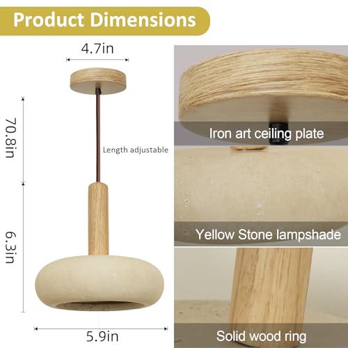 Natural Yellow Travertine Lamp Wooden Pendant Light Wabi Sabi Decor Japandi Light Fixture Suitable for Dining Room, Bedside, Kitchen Island, Mini Pendant Lights for Kitchen Island by Generic - Used condition - Image 5