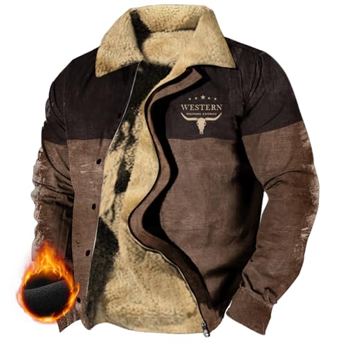 MARSVOVO Vintage Jacket Men Aztec Cowboy Hoodie Fleece Western Jacket Casual Warm Coat Long Sleeve Lapel Neck