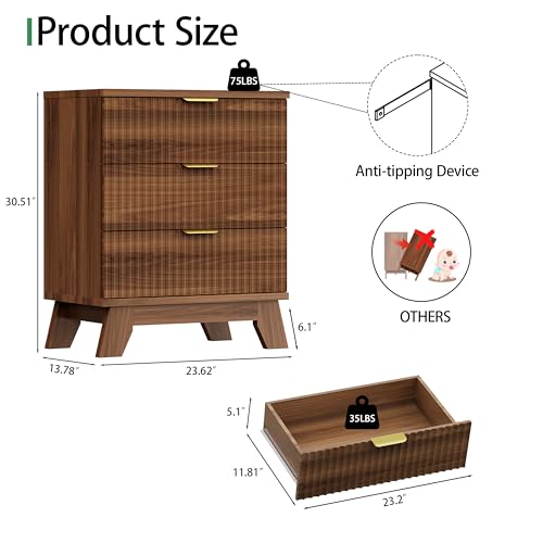 Image of Xixini Fluted Nightstand, 24 inch Wide Side Table with 3 Large Storage Drawers, Mid Century Modern Wood Night Stand with Metal Handle, Wooden Bedside End Table for Bedroom, Walnut