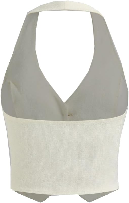 Women's Halter Vest with Pearl Buttons, Cream White, V-Neck