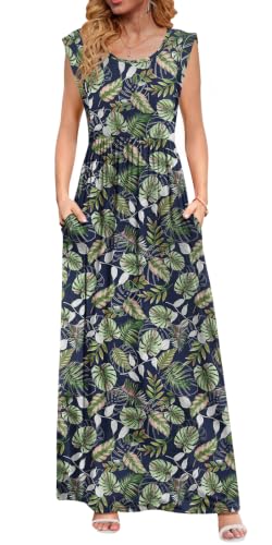 Image of DB MOON Womens 2026 Maxi Dresses Empire Waist Long Summer Dress Casual Cap Short Sleeve Sundress with Pockets