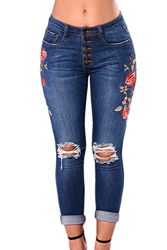 Lettre d'amour La Mujer Rasgada Agujero Elastico Bordado Floral Skinny Denim Jeans Pantalones Al Tobillo Darkblue XXL