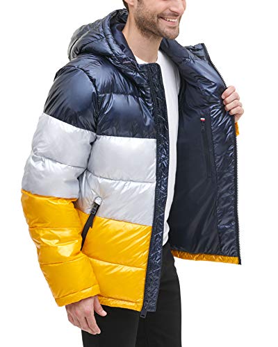 Tommy Hilfiger Herren Hooded Puffer Jacket Daunenalternativer Mantel, Perlglanz-Gelb/Marineblau, XL – Ansicht 6