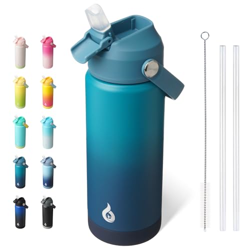 BJPKPK Insulated Water Bottle with Straw Lid, 18oz Thermo Water Bottles with Soft Nozzle, Flex Handle & Non-slip Boot, BPA Free Leak Proof Stainless Steel Metal Thermo, Tumblers, Cups,Vast