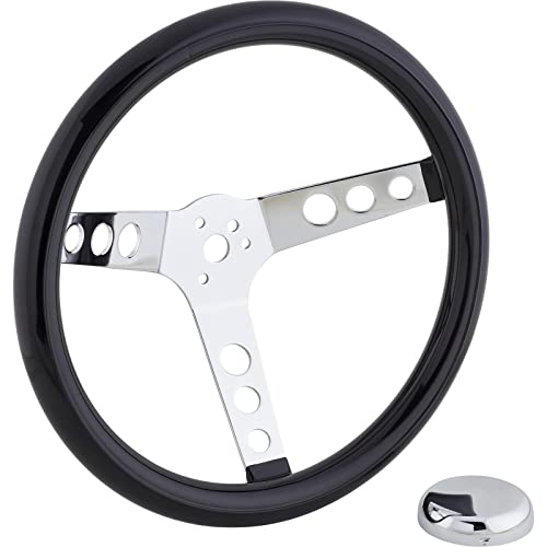 Speedway Classic 13 Inch Black Steering Wheel | Smooth Cushion & Chrome Spokes | 3-Bolt Mount | Steel Construction | Includes Chrome Cap | Rubber Grip | Compatible with Horn Button Retainer