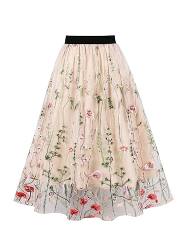 Verdusa Women's Boho Floral Embroidery Mesh Skirt A Line Flowy Midi Skirts