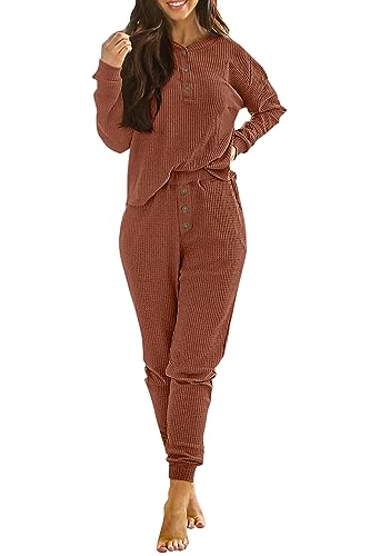 Image of PRETTYGARDEN Women's 2 Piece Waffle Knit Lounge Outfit Long Sleeve Henley Top and Sweatpants Set Tracksuit