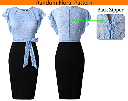 Vfshow Womens Gathered Neck Ruffle Sleeve Floral Lace Colorblock Belted Slim Fitted Cocktail Party Bodycon Pencil Sheath Dress 10052 Lblu Xs #TOP5