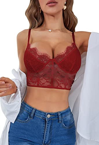 Lilosy Sexy Wirefree Lingerie Floral Lace Crop Cami Tank Top Women Sheer Longline Bralette Night Out Party Bra Burgundy Medium #TOP5