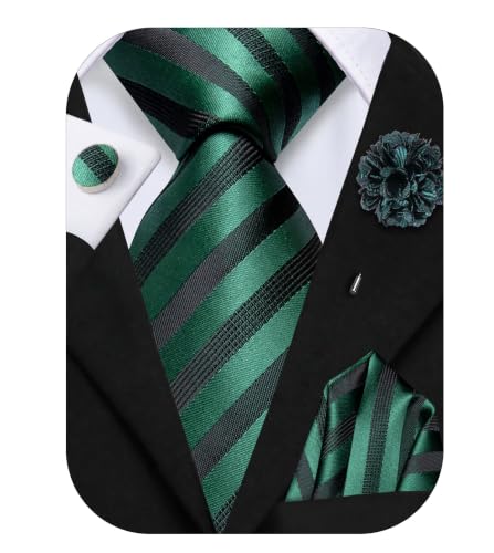 Image of Hi-Tie Men Silk Ties Set with Flower Lapel Pin Necktie Pocket Square Cufflinks for Tuxedo Wedding Business